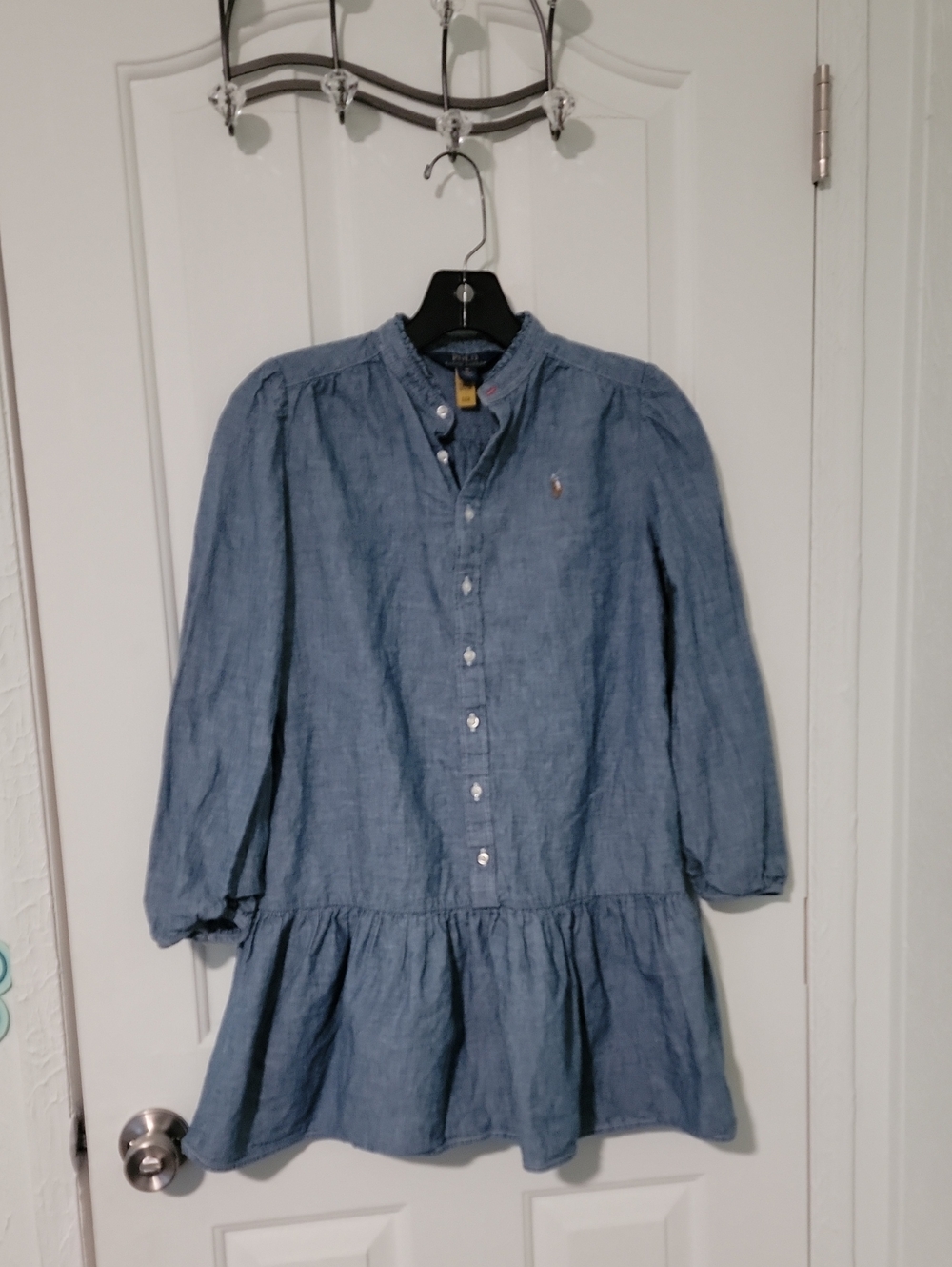 Polo Ralph Lauren Girls Blue Chambray Button-Front Ruffle Hem Dress Size 10